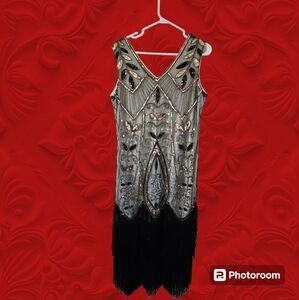 Gold and Silver Flapper Dress with Fringe Bottom